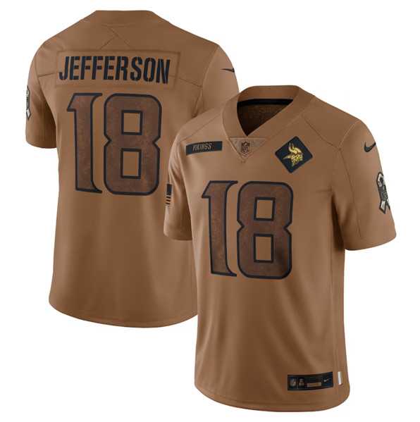 Mens Minnesota Vikings #18 Justin Jefferson 2023 Brown Salute To Service Limited Football Stitched Jersey Dyin